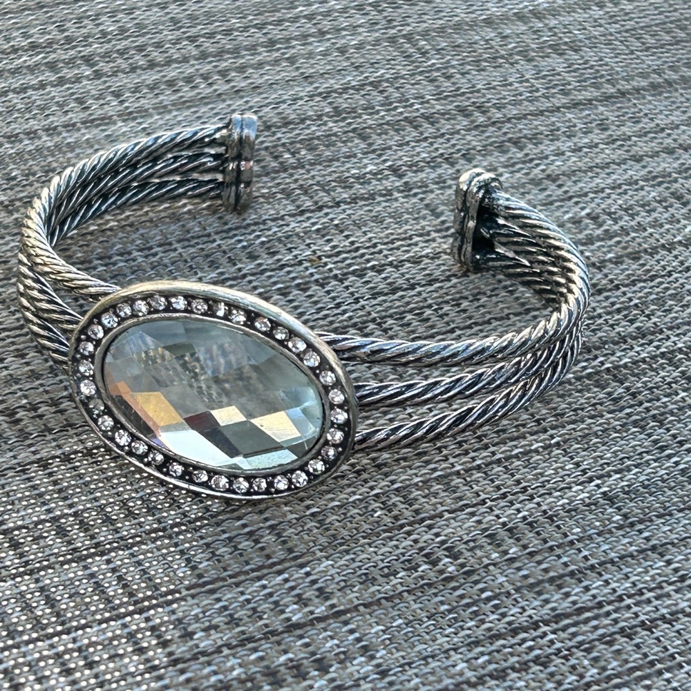 Silver Cable Cuff Bracelet w/ Crystal Center & Rhinestone Halo Designer Inspired